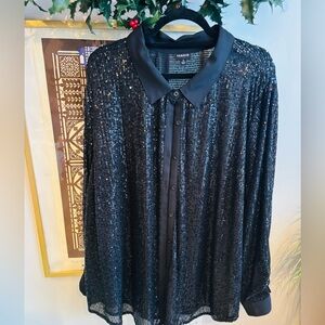 Torrid Black Sequin Collared Button Up Shirt/Tunic